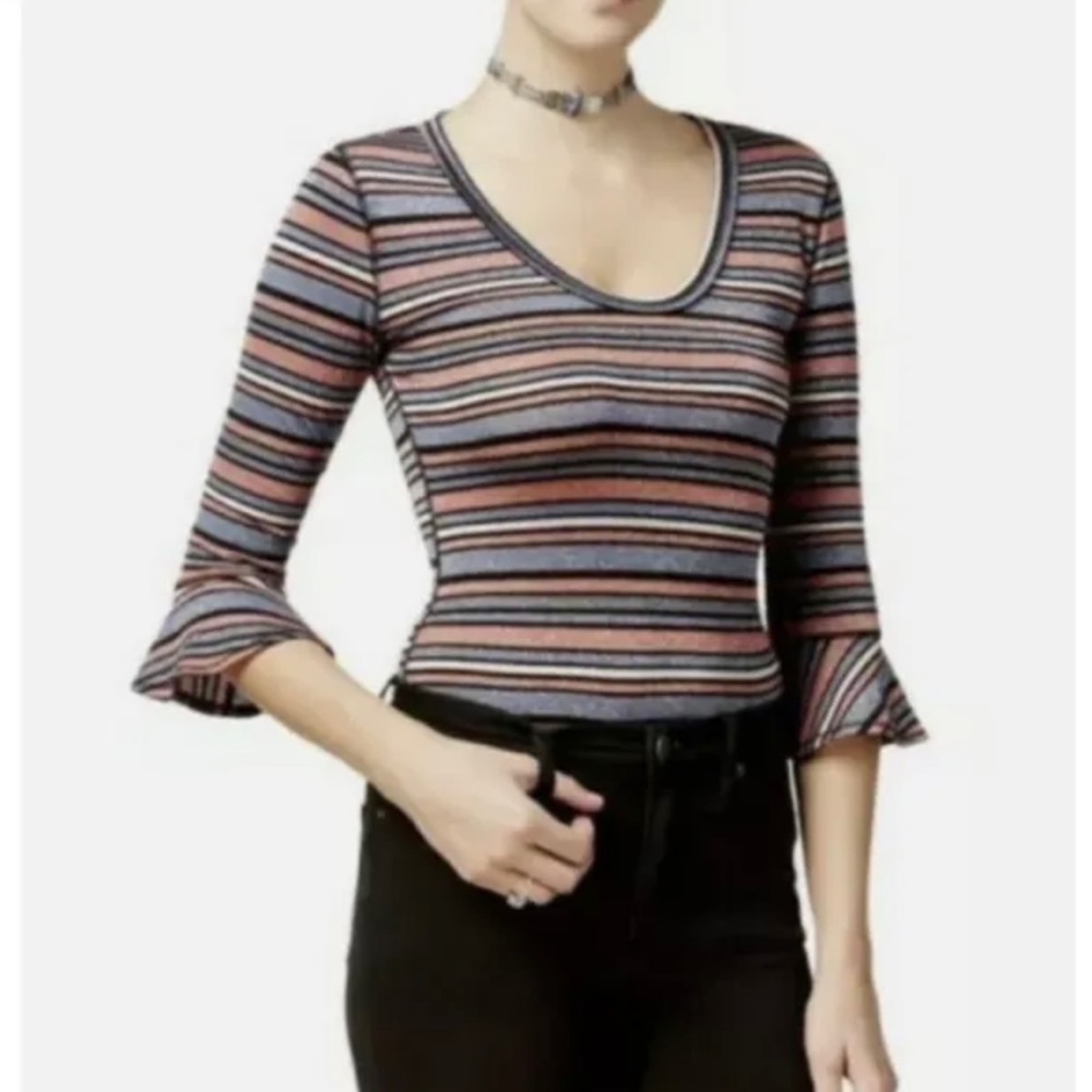 Free People Women's Sz Small Multi-Color Metallic Striped 3/4 Bell Sleeve Top.